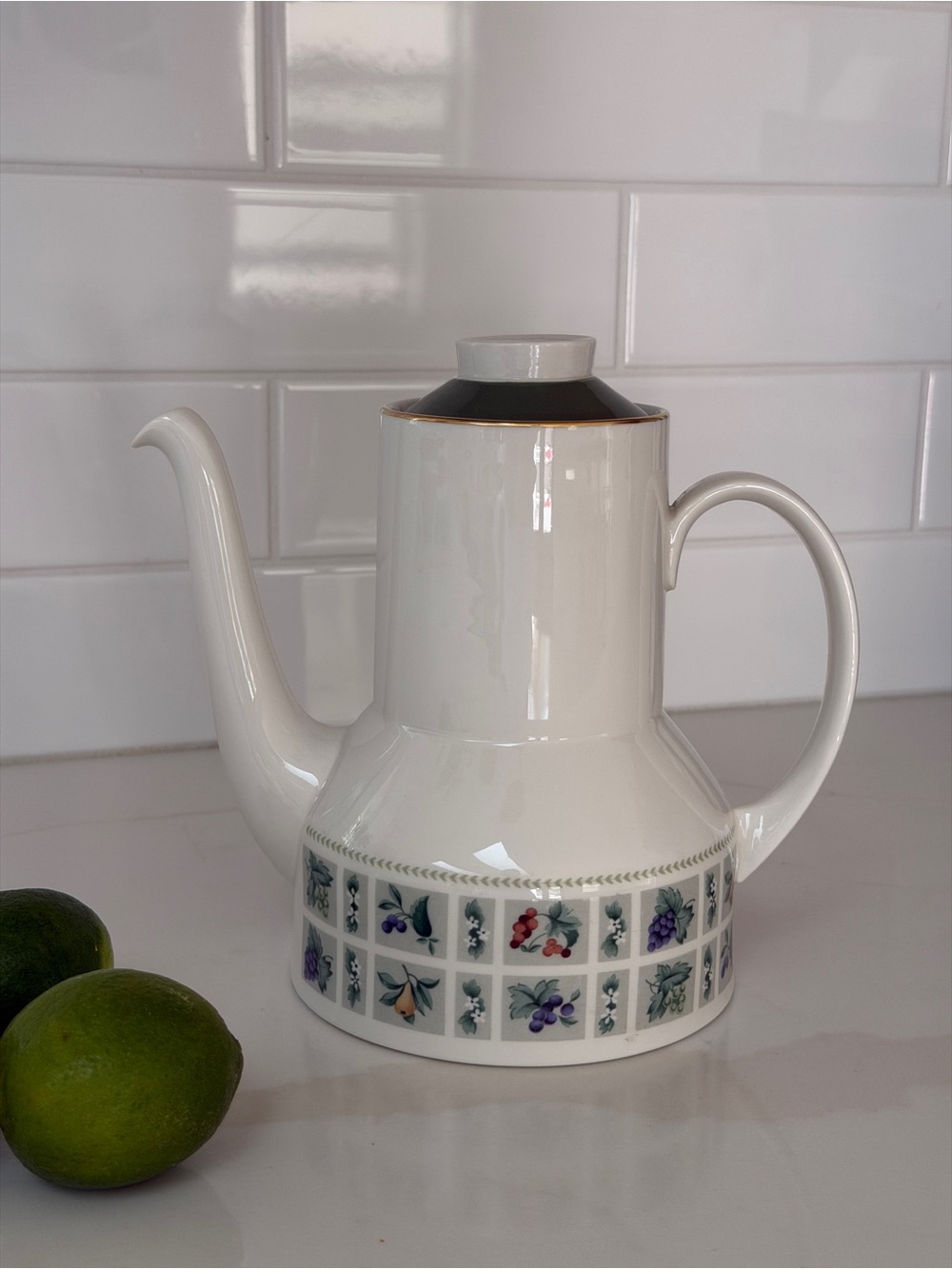Royal Doulton White Porcelain Coffee Pot with Floral Tile Border and Gold Trim